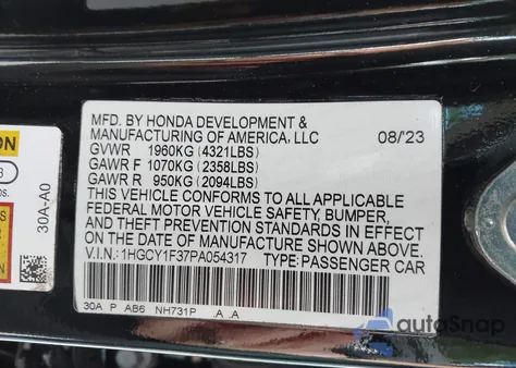 2023 Honda Accord Ex from USA, damaged, VIN 1HGCY1F37PA054317
